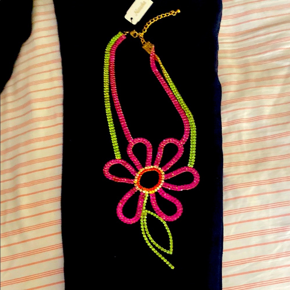 Vibrant Pink and Green Beaded Flower Necklace
